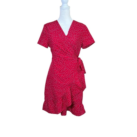 Kate Kasin Red White Polka Dots Wrap Dress Sz Small Ruffle Short Sleeve Cocktail - Picture 2 of 12